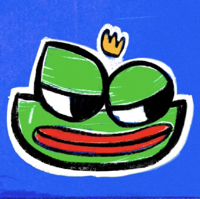 A cartoon illustration of a green frog-like face with half-closed eyes, a wide red smile, and a small gold crown on top, set against a blue background.