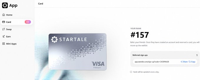 A Startale App dashboard screenshot showing a Visa Platinum card and a referral ranking section displaying rank #157 with 1 referred sign-up.