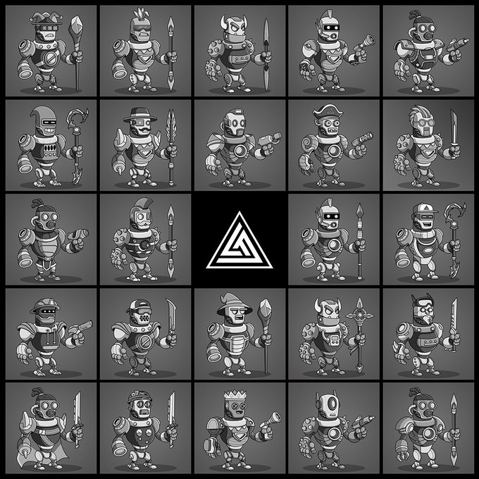 A 5x5 grid showcasing 24 grayscale robot warrior characters with various weapons and accessories, arranged around a central Valknut symbol, complementing the "Grayscale just hits differently" sentiment by presenting the figures in a uniform monochromatic style.