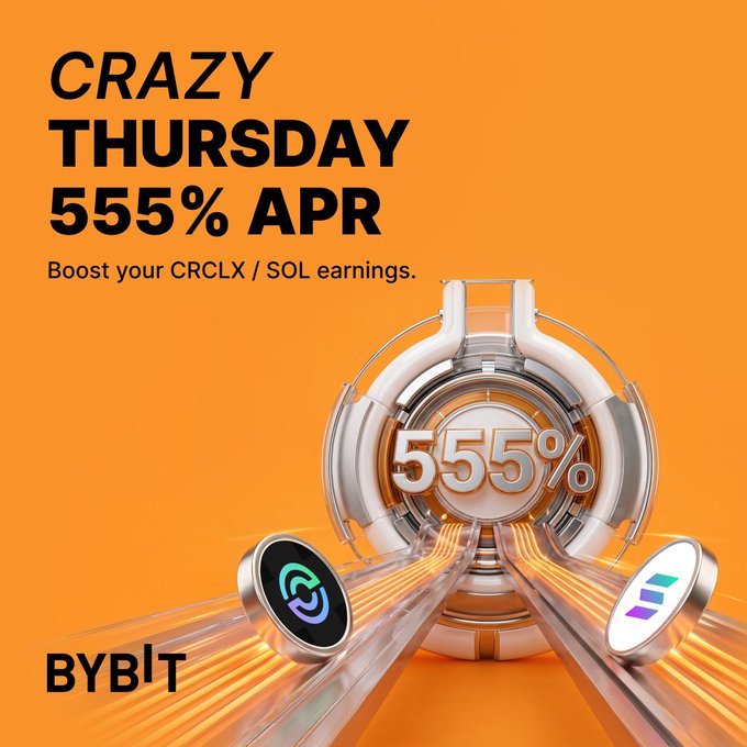 Bybit's "Crazy Thursday" promotional ad featuring bold orange branding advertises up to 555% APR on CRCLX and SOL holdings, with a futuristic 3D turbine design displaying "555%" flanked by the CRCLX and SOL logos on flowing tracks. The vibrant graphic visually reinforces the post's call to earn high yields by putting USDT to work backing these trending onchain narratives.