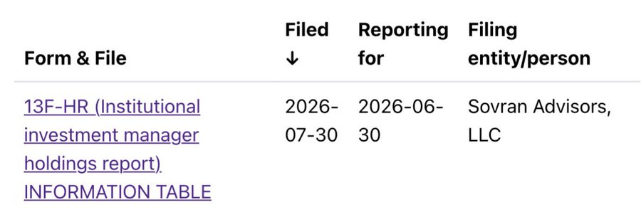 The image shows an SEC filing table indicating that Sovran Advisors, LLC filed a 13F-HR (Institutional investment manager holdings report) on 2026-07-30, covering the reporting period ending 2026-06-30. This corresponds to the accompanying post about Sovran Advisors increasing its XRP allocation in Q2, with the Form 13F being the disclosure required to report these institutional holdings changes.