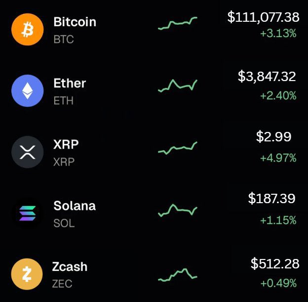 A cryptocurrency price tracker shows Bitcoin (BTC) at $111,077.38 (+3.13%), Ethereum (ETH) at $3,847.32 (+2.40%), XRP at $2.99 (+4.97%), Solana (SOL) at $187.39 (+1.15%), and Zcash (ZEC) at $512.28 (+0.49%), all with upward green trend lines.