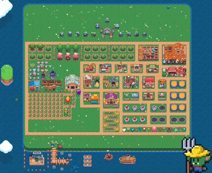 A top-down view of a vibrant, fully expanded pixel art farm on Swamp island in the game Sunflower Land, featuring neatly organized crops, trees, livestock pens, various buildings, and a dockside area with boats. The colorful layout and NPC arrangement match the post's celebration of completing the expansion and seeking decoration advice, while the "OPEN BOX" text near the dock adds a charming detail to the scene.