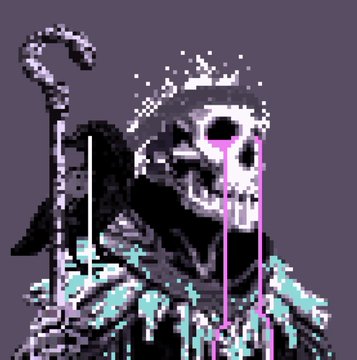 A dark pixel art image of a skeletal grim reaper figure with a staff, wearing tattered cyan robes against a purple background.