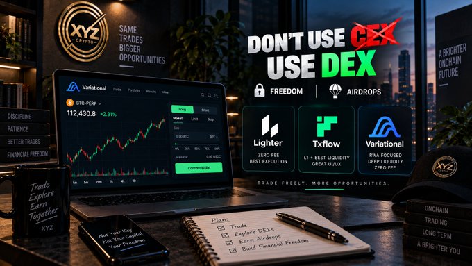 An advertisement for XYZ crypto urging viewers to 'DON'T USE CEX USE DEX,' highlighting features like freedom, airdrops, and platforms Lighter, TxFlow, and Variational, alongside a laptop showing a trading chart for BTC-PERP.