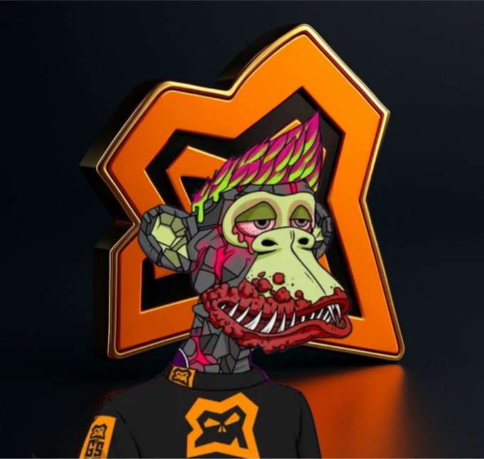 A digital illustration of a stylized monkey character with a pink mohawk and fangs, set against an orange star-shaped background.