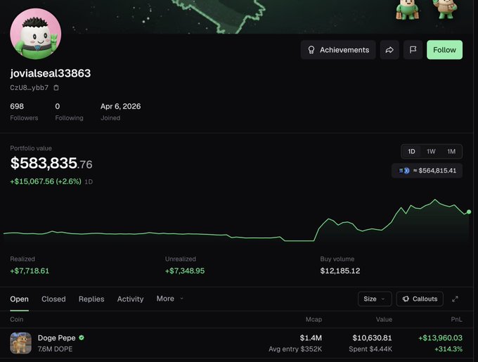A screenshot of a cryptocurrency portfolio for user 'jovialseal33863' showing a portfolio value of $583,835.76, with a highlighted holding of 'Doge Pepe' (7.6M DOPE) valued at $10,630.81.