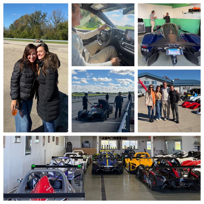 A collage of photos from a racing experience, showing women posing, someone driving a car, a vintage race car, people gathered around a black race car on a track, a group photo by race cars, and a garage filled with various sports cars.