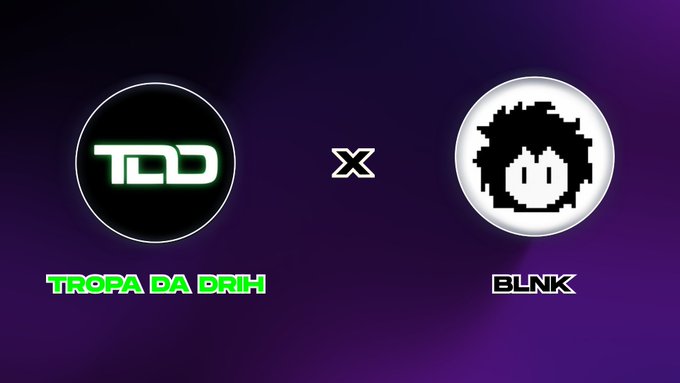 A collaboration announcement graphic featuring two circular logos—"TDD" for "Tropa da Drih" on the left and a pixelated character face for "BLNK" on the right—separated by an "X" on a dark purple background, promoting the partnership between the two brands as described in the post.