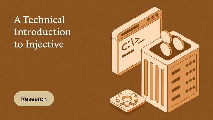 An illustrated banner titled 'A Technical Introduction to Injective' featuring a computer terminal, file icon, and gear icon on a brown background with a 'Research' tag.