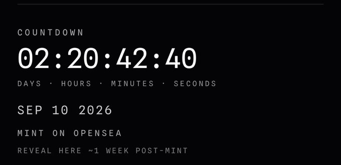 Countdown timer graphic showing 02:20:42:40 (days, hours, minutes, seconds) until a mint event on September 10, 2026, with reveal approximately one week post-mint.