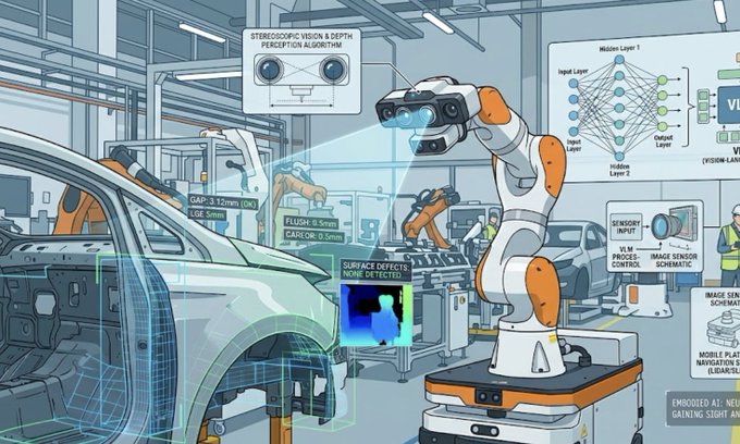 An illustrated futuristic factory scene depicts a robotic arm performing quality inspection on a car chassis, with floating labels including "STEREOSCOPIC VISION & DEPTH PERCEPTION ALGORITHM", "SURFACE DEFECTS NOVEL DETECTORS", and "MOBILE ROBOT NAVIGATION".