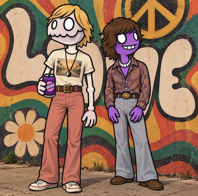 An illustration of two cartoon characters—one blonde with a scalloped face outline holding a 'Nestles' can, the other purple-skinned in a paisley shirt—standing against a vibrant 70s-style floral and peace sign mural.