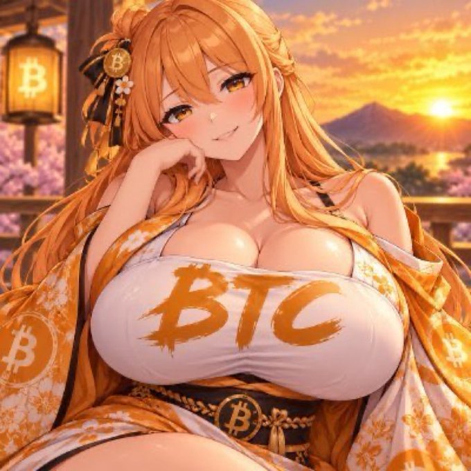 The image shows an orange-clad character with a "BTC" (Bitcoin) logo emblazoned across her chest, along with Bitcoin symbols on her hair accessories and obi sash, set against a sunset backdrop with Mount Fuji. The image relates to the post as a visual parody, replacing the legitimate Bitcoin ("BTC") ticker with the slang terms "big titty coin" and "titcoin" mentioned in the caption.