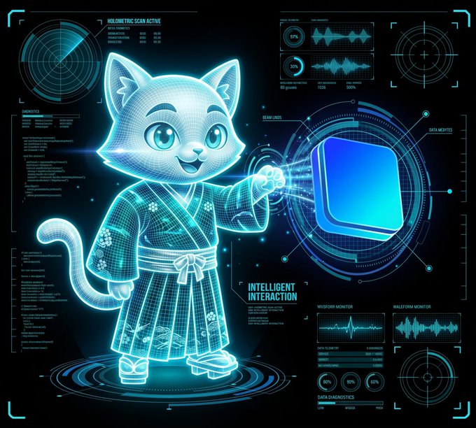 A glowing blue holographic display shows a cute cartoon cat character in a traditional kimono labeled 'AXIS ROBOTICS', with the text 'INTELLIGENT INTERACTION' and 'HOLOGRAPHIC SCAN ACTIVE' surrounded by various sci-fi data monitors and waveforms.