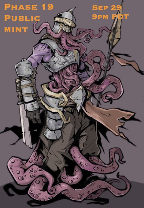 Promotional artwork for a 'PHASE 19 PUBLIC MINT' scheduled for 'SEP 29, 9PM PDT', depicting a medieval knight in armor being consumed by pink tentacles emerging from a cracked egg.