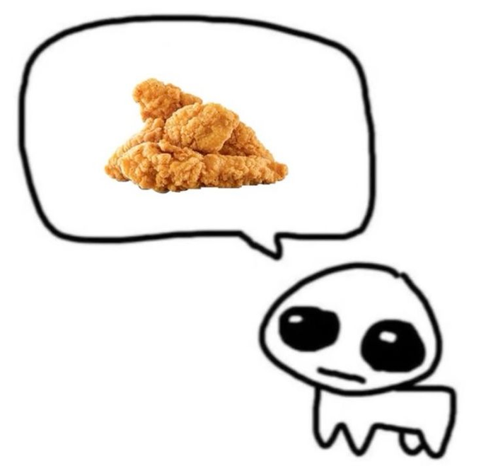 A simple line-drawn alien creature with big black eyes stares longingly in a thought bubble filled with crispy fried chicken pieces. The image humorously illustrates the "always on my mind" caption, suggesting the character's thoughts are consumed by their craving for fried chicken.