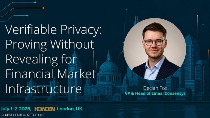 An event poster for a talk titled 'Verifiable Privacy: Proving Without Revealing for Financial Market Infrastructure' by Declan Fox (VP & Head of Linea, Consensys) at the London, UK event on July 1-2 2026.