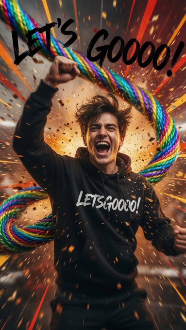 A promotional graphic featuring a cheering young man wearing a black 'LETSGOOOO!' hoodie, with matching text overlaid on a dynamic, colorful background with confetti effects.