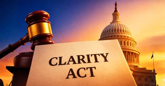 A gavel and the U.S. Capitol dome frame a document titled "CLARITY ACT," symbolizing the Senate's advancement of the Crypto Clarity Act toward a full floor vote.