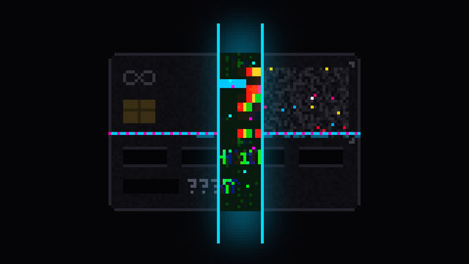 A dark, pixelated graphic image with cyan vertical light beams and glitch-like colorful pixel effects (red, yellow, green, blue) in the center against a black background.