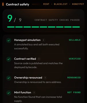 A digital security dashboard displays a 9/9 contract safety rating for NonPlayableCoin ($NPC), confirming it is sellable and verified. The screen verifies key safety features including successful honeypot simulation, verified source code, renounced ownership, and the absence of a mint function.