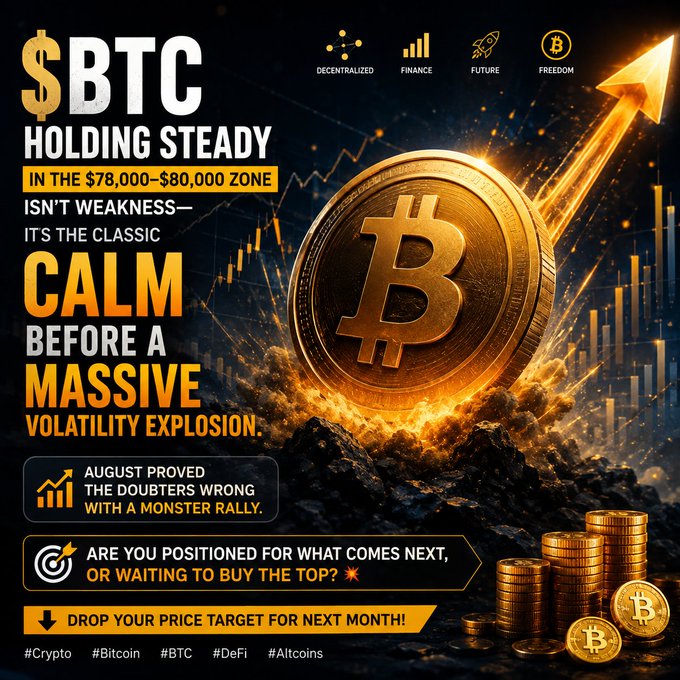 A Bitcoin promotional graphic titled '$BTC HOLDING STEADY' discusses Bitcoin trading in the $78,000-$80,000 zone, suggesting a 'CALM BEFORE A MASSIVE VOLATILITY EXPLOSION' with hashtags #Crypto, #Bitcoin, #BTC, #DeFi, and #Altcoins.