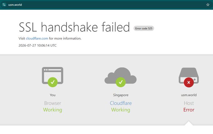 Cloudflare error page displaying 'SSL handshake failed' with Error code 525 for usm.world, showing the host server as in error while the browser and Cloudflare Singapore are working.