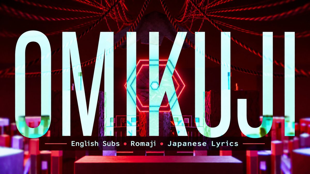 A vibrant title card for a song with large stylized text reading 'OMIKUJI' over a neon-lit Japanese shrine background, indicating 'English Subs • Romaji • Japanese Lyrics' below.