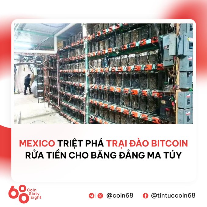 A photo of rows of mining rigs with the Vietnamese text 'MEXICO TRIỆT PHÁ TRẠI ĐÀO BITCOIN RỬA TIỀN CHO BĂNG ĐẢNG MA TÚY' from the account @coin68.