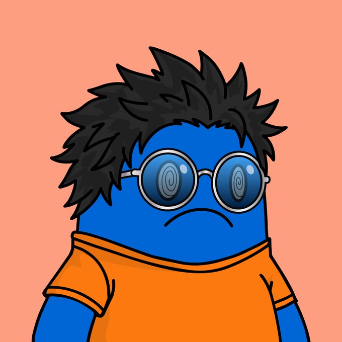 A blue cartoon character with spiky black hair, round sunglasses, and an orange shirt stands against a peach background with a slight frown. The image appears to be a profile picture (PFP) NFT that the user has minted, likely now using it as their new avatar for their collection.