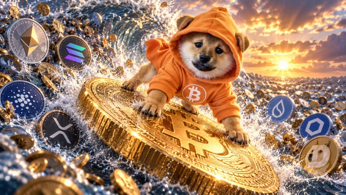 An adorable Shiba Inu puppy wearing an orange hoodie with the Bitcoin logo rides a giant golden Bitcoin coin through a crashing wave filled with various altcoins (including ETH, SOL, XRP, ADA, and Dogecoin). The image visually reinforces the post's message, depicting Bitcoin as the dominant force while showcasing Dogecoin ($DOG) as the standout meme coin riding the wave of Bitcoin's success.