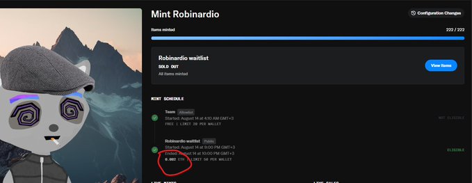 A screenshot of a "Mint Robinardio" page showing the minting progress at 222/222 (SOLD OUT), with the Robinardio waitlist price of 0.002 ETH circled in red.