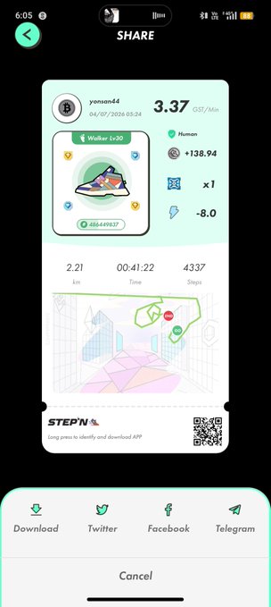 A STEPN app sharing screen shows a walk record of 2.21 km in 00:41:22 with a 3.37 GMT/Min pace, earning +138.94, by user yomom44 on 04/07/2026.