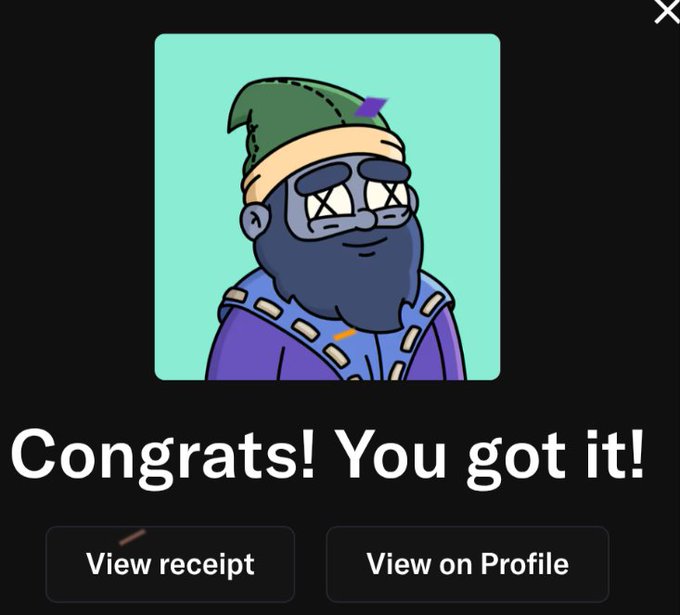 A screenshot of a digital collectible confirmation screen displaying a cartoon character with a green hat and bandaged face, with the text "Congrats! You got it!" and buttons to "View receipt" and "View on Profile."