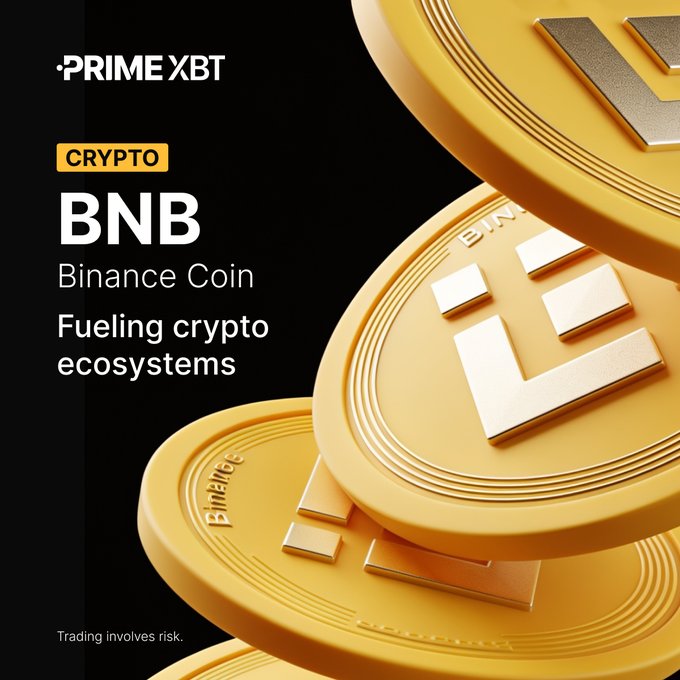 A promotional graphic from Prime XBT for BNB (Binance Coin) cryptocurrency, featuring gold Binance coins with the tagline "CRYPTO BNB - Binance Coin - Fueling crypto ecosystems" and a disclaimer "Trading involves risk."