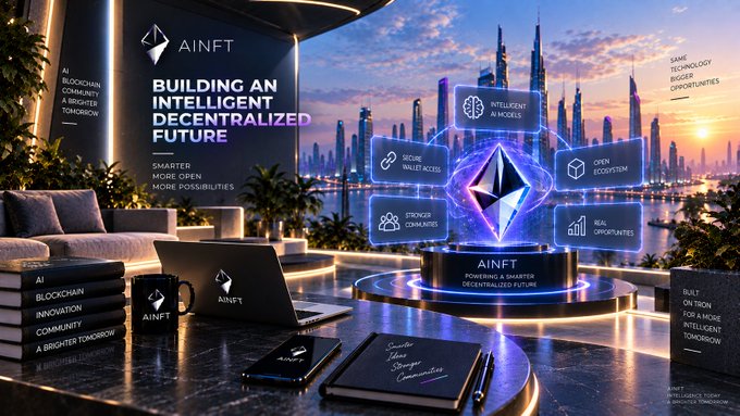 A futuristic promotional graphic for AINFT promoting 'Building an Intelligent Decentralized Future' with Ethereum integration features displayed in glowing blue boxes.