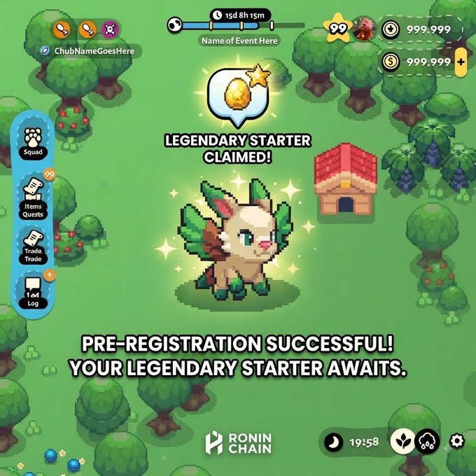 A pre-registration success screen for a game showing 'LEGENDARY STARTER CLAIMED!' with a leafy deer-like creature, a small house, and 'PRE-REGISTRATION SUCCESSFUL! YOUR LEGENDARY STARTER AWAITS.' text, branded with 'RONIN CHAIN'.