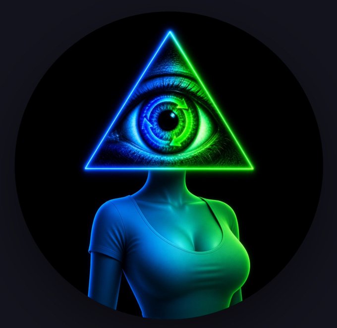 A surreal digital art piece depicting a faceless figure in a t-shirt with a glowing neon triangle enclosing a spinning eye in place of a head, set against a dark circular background.