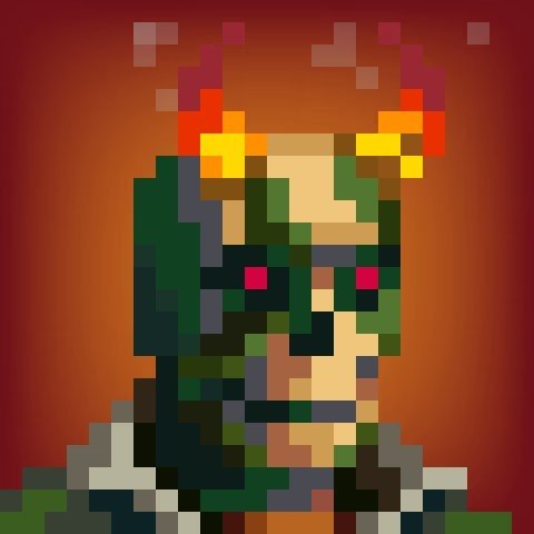 A pixelated portrait of an undead warrior with glowing red eyes and flame-like horns set against a fiery red background, representing the iconic pfp art of the Genuine Undead NFT collection celebrating its 4th anniversary. The character's undead appearance visually embodies the collection's "Undead never Die" slogan, symbolizing the project's resilience and enduring community.