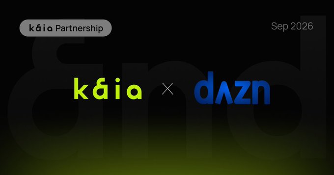 A dark promotional graphic announcing a 'kaia Partnership' with DAZN, dated September 2026, featuring the 'kaia x DAZN' logos.