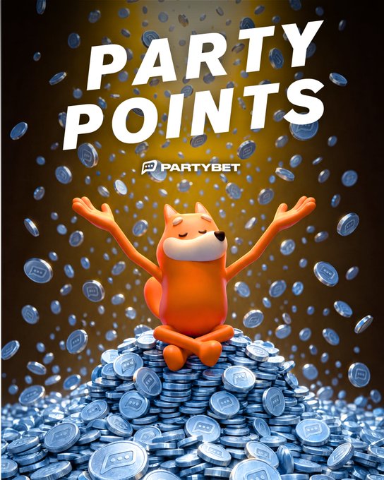 The image features a 3D-rendered orange fox character in a meditative pose, sitting atop a massive pile of blue "PARTY" branded coins with arms raised joyfully as more coins rain down from above. The bold text "PARTY POINTS" and the "PARTYBET" logo appear at the top, tying directly to the caption's call for users to showcase their Party Points on BONK's post for a chance at bonus cash.