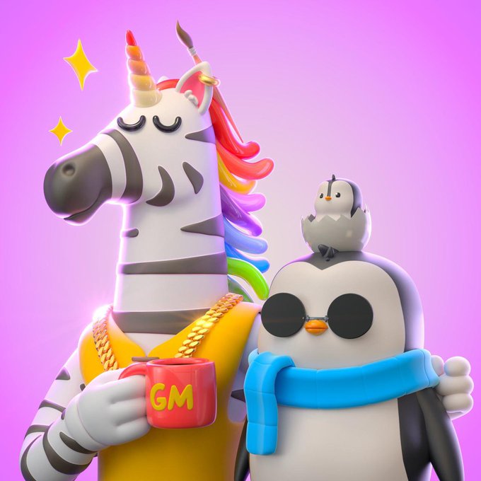 A 3D illustration featuring a zebra unicorn with a rainbow mane holding a red "GM" mug, standing beside a penguin character wearing sunglasses and a blue scarf.