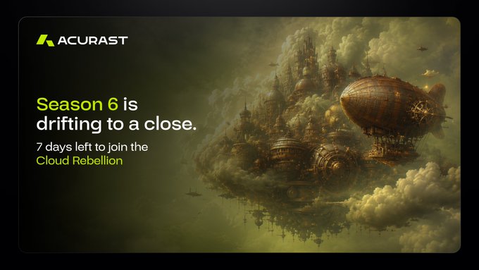 Acurast promotional banner announcing 'Season 6 is drifting to a close. 7 days left to join the Cloud Rebellion' with steampunk airships and fantasy cities in the clouds.