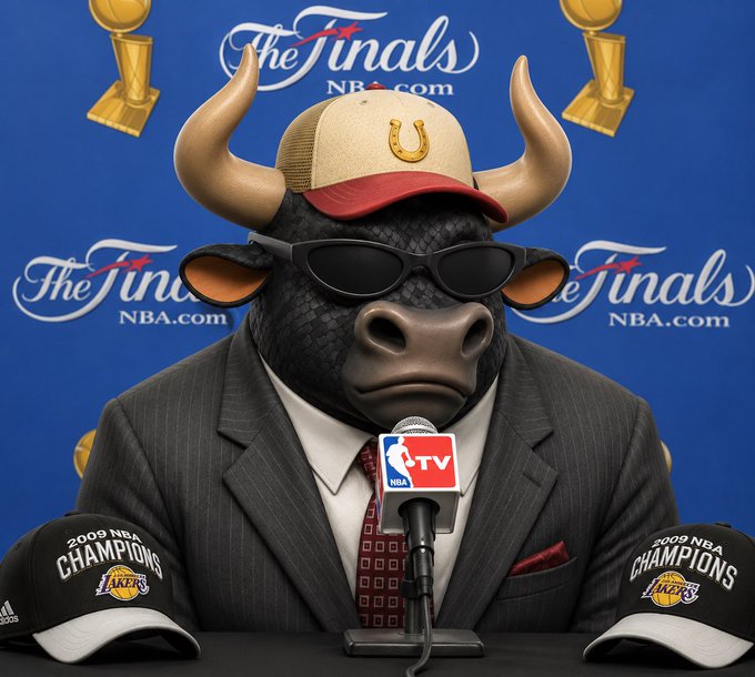 A digitally rendered bull in a suit, sunglasses, and a bull-horned cap sits at an "NBA Finals" press conference flanked by two "2009 NBA Champions Lakers" hats. The image cleverly ties into the bullish sentiment expressed in the tweet, with the bull mascot symbolizing unwavering confidence in @bullpenNFT even as the price climbs from $40 to $4,000.