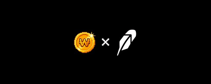 Two pixel art icons on a dark background: a gold coin with a 'W' and a white feather/quill, separated by an 'x' mark.