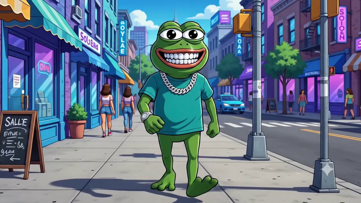 The image features a cartoon frog walking down a city street with buildings and people around him. The frog has a green shirt and blue pants, giving off a hipster vibe. In the background, there are various stores and businesses lining the street, including a clothing store called "SOLANA ALT SZN ETF" that sells backpacks and wallets. A person is also visible in the image, possibly walking by or shopping at one of the stores. The post seems to be promoting an equity token called Solana Alt Stills Got It, which is backed by Pump and Jump and offers 5-minute predictions on various topics such as the stock market, real estate, and more.