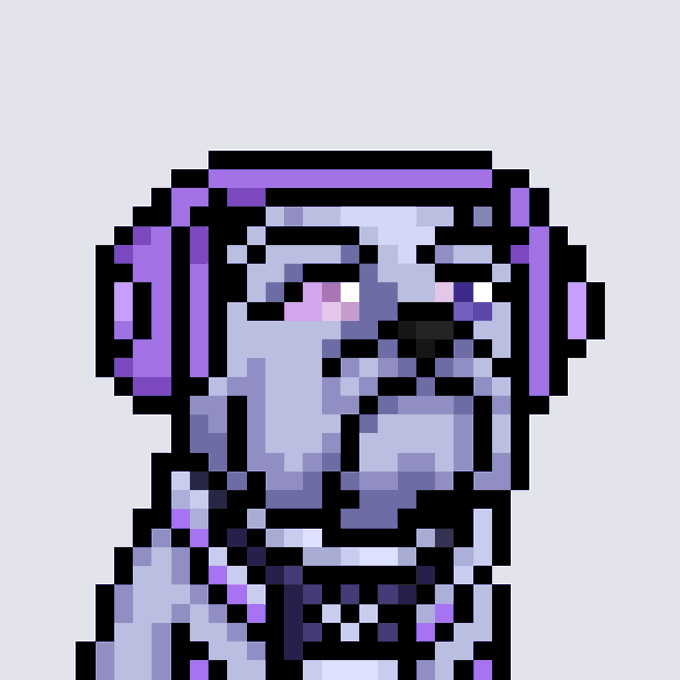 A pixel art illustration of a character with purple headphones, a robotic/metallic face with glowing pink eyes, and a grey outfit against a plain light grey background.