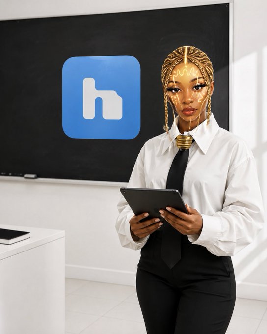 A stylish woman in a white shirt and black tie holds a tablet in front of a screen displaying the Hudi logo, visually representing the beginning of her learning journey about the perpetual futures trading platform on the Sui Network.