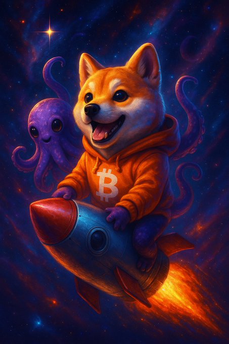 The image features a dog wearing an orange hoodie, riding a rocket ship with purple tentacles. The background of the image is filled with stars and planets, creating a sense of space travel or exploration. The caption "$DOG June $" suggests that this artwork might be related to a specific event or theme in June.